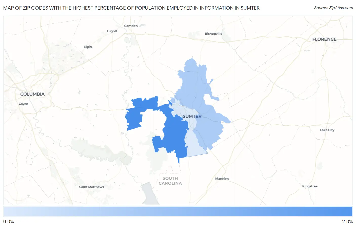 Zip Codes with the Highest Percentage of Population Employed in Information in Sumter Map