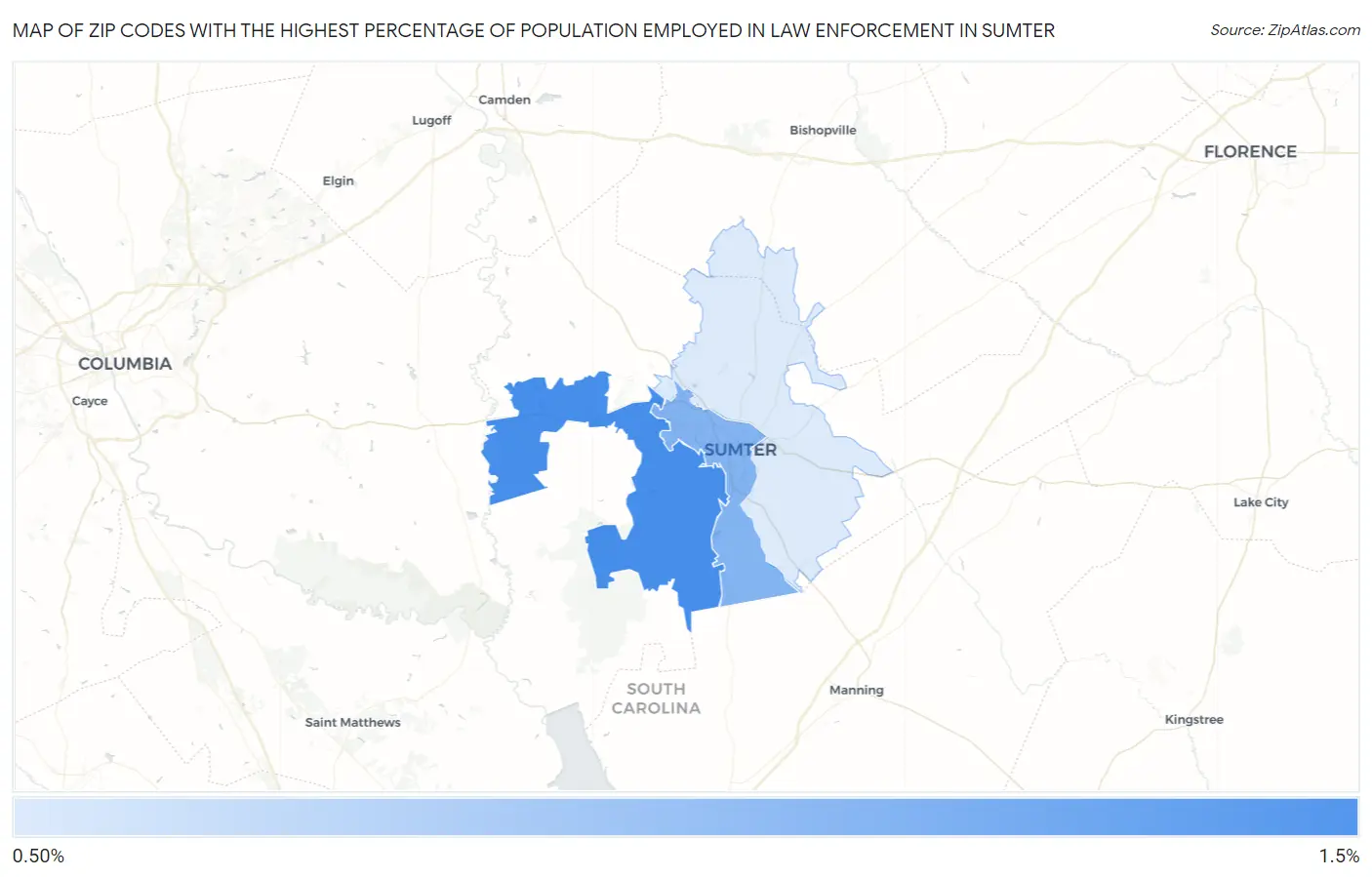 Zip Codes with the Highest Percentage of Population Employed in Law Enforcement in Sumter Map
