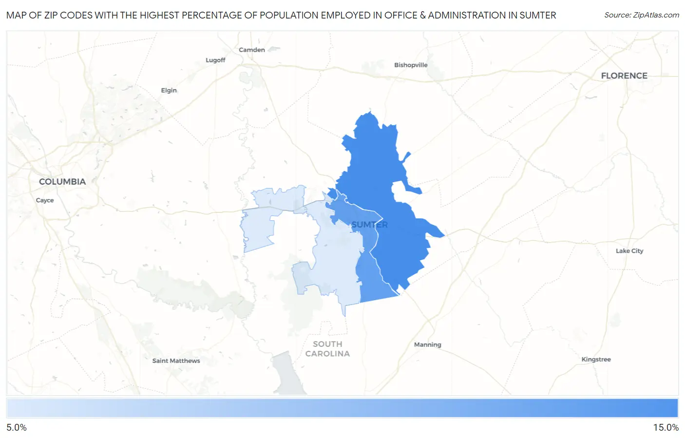 Zip Codes with the Highest Percentage of Population Employed in Office & Administration in Sumter Map