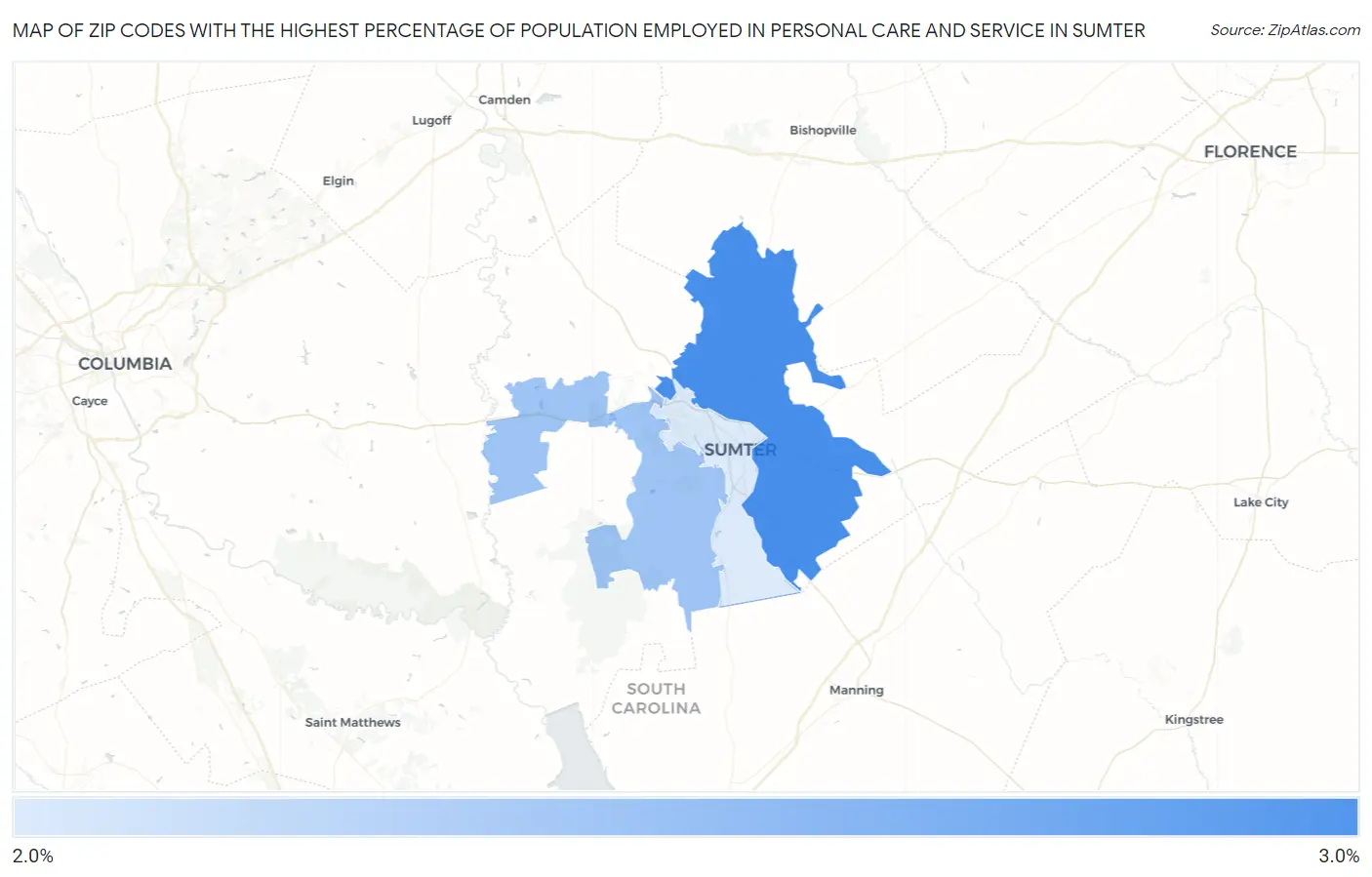 Zip Codes with the Highest Percentage of Population Employed in Personal Care and Service in Sumter Map