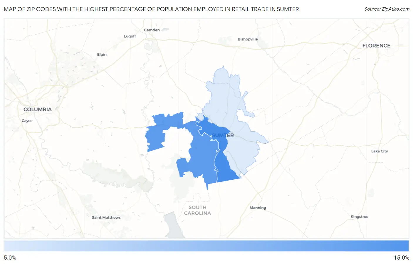 Zip Codes with the Highest Percentage of Population Employed in Retail Trade in Sumter Map