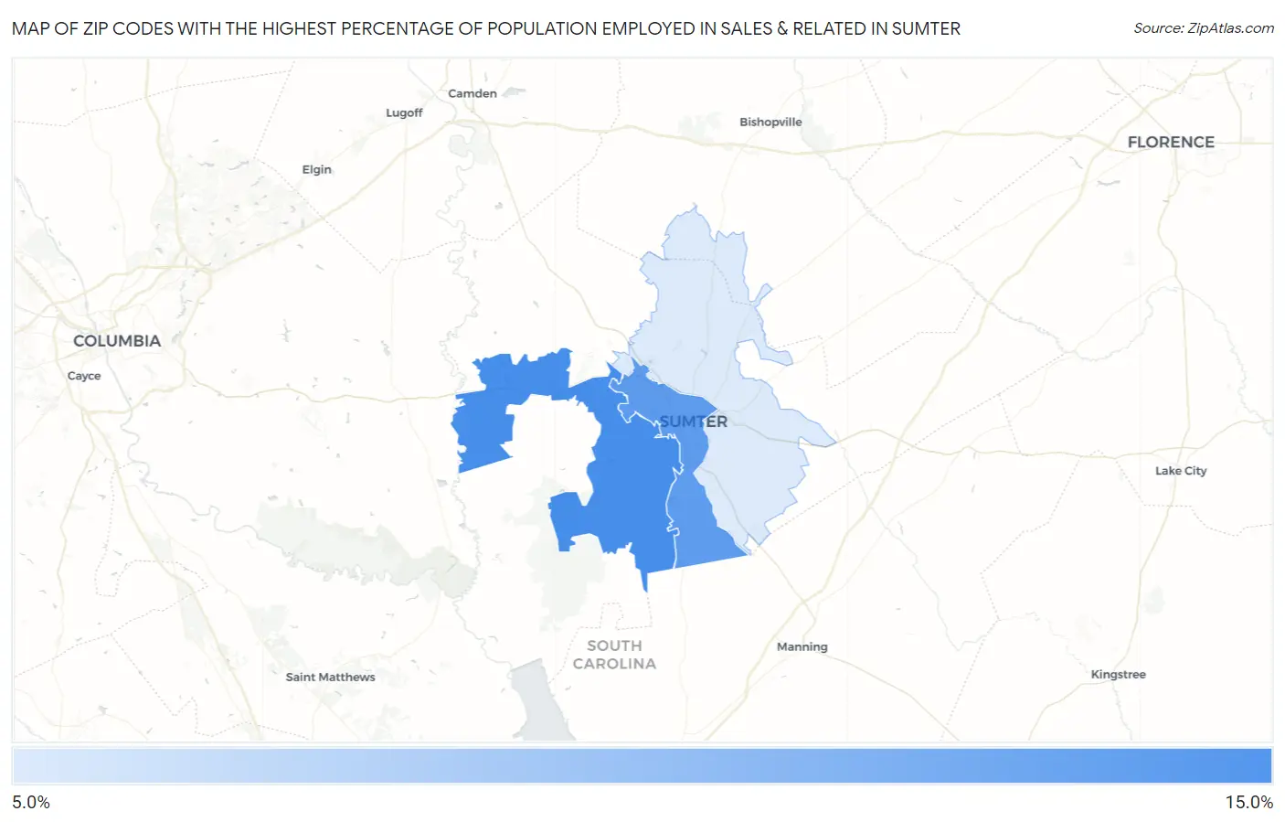 Zip Codes with the Highest Percentage of Population Employed in Sales & Related in Sumter Map