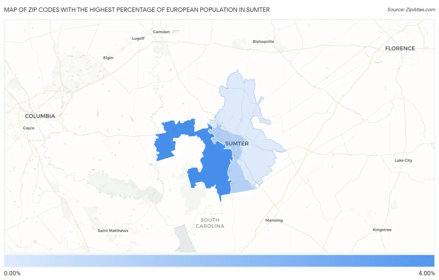 Zip Codes with the Highest Percentage of European Population in Sumter Map