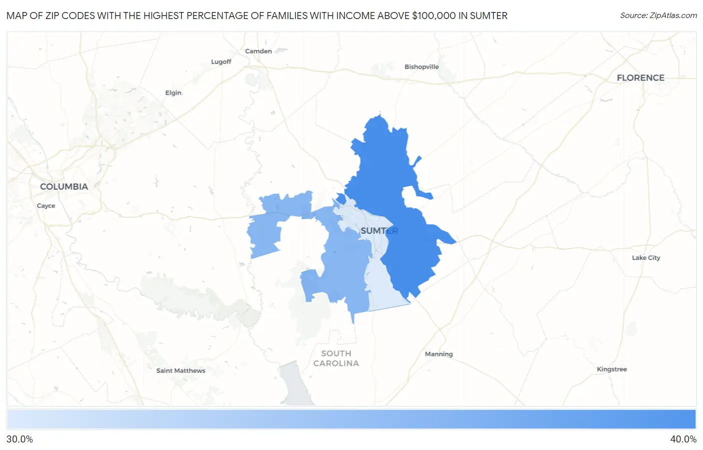 Zip Codes with the Highest Percentage of Families with Income Above $100,000 in Sumter Map