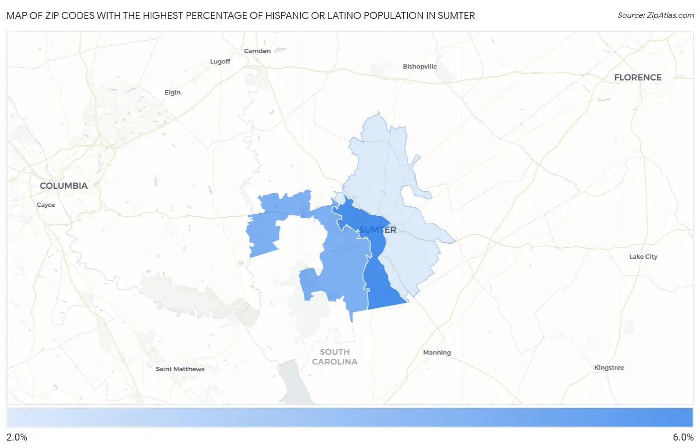 Zip Codes with the Highest Percentage of Hispanic or Latino Population in Sumter Map