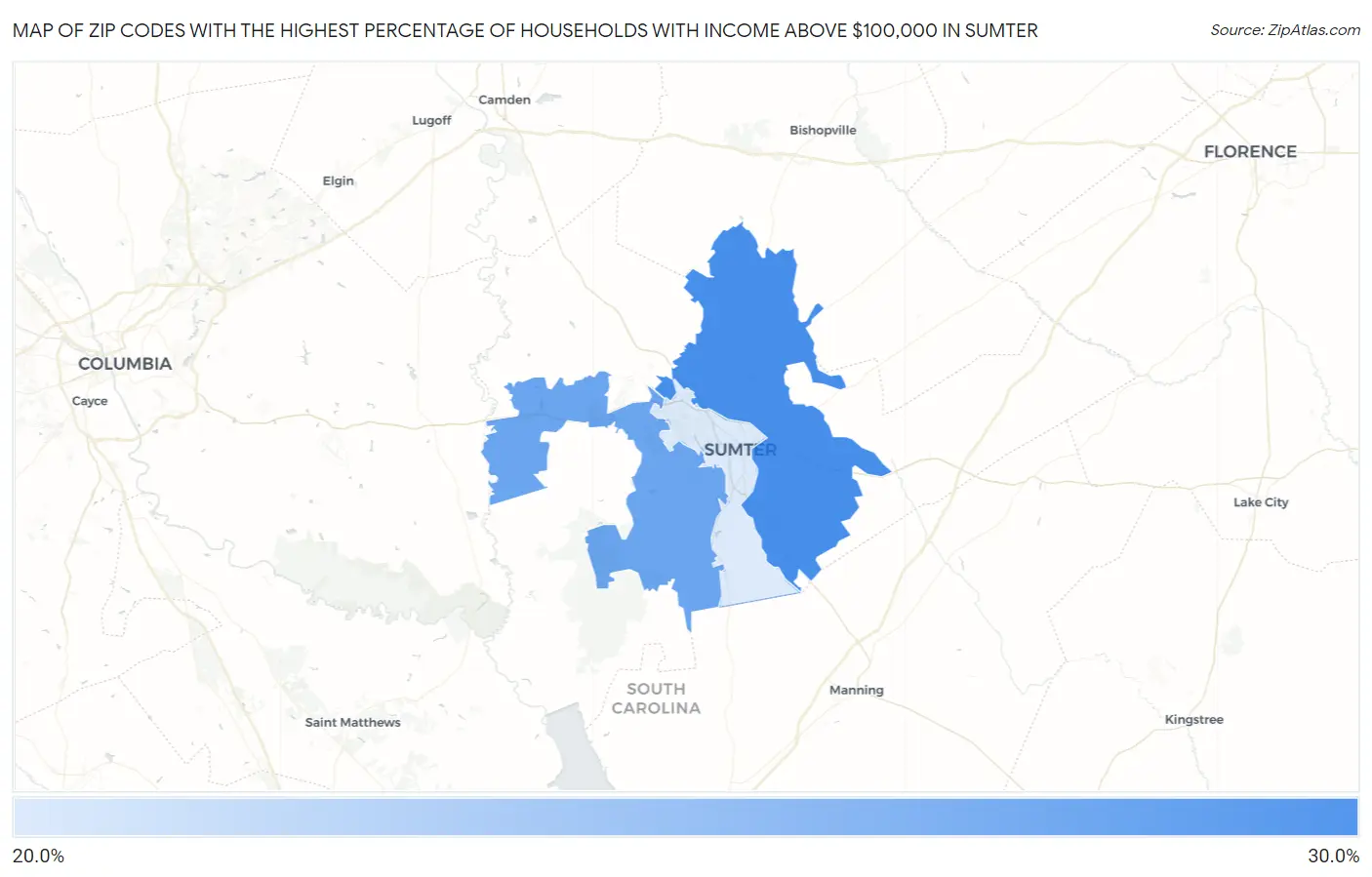 Zip Codes with the Highest Percentage of Households with Income Above $100,000 in Sumter Map