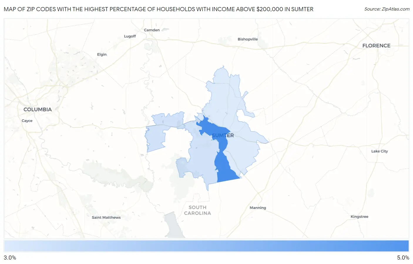Zip Codes with the Highest Percentage of Households with Income Above $200,000 in Sumter Map