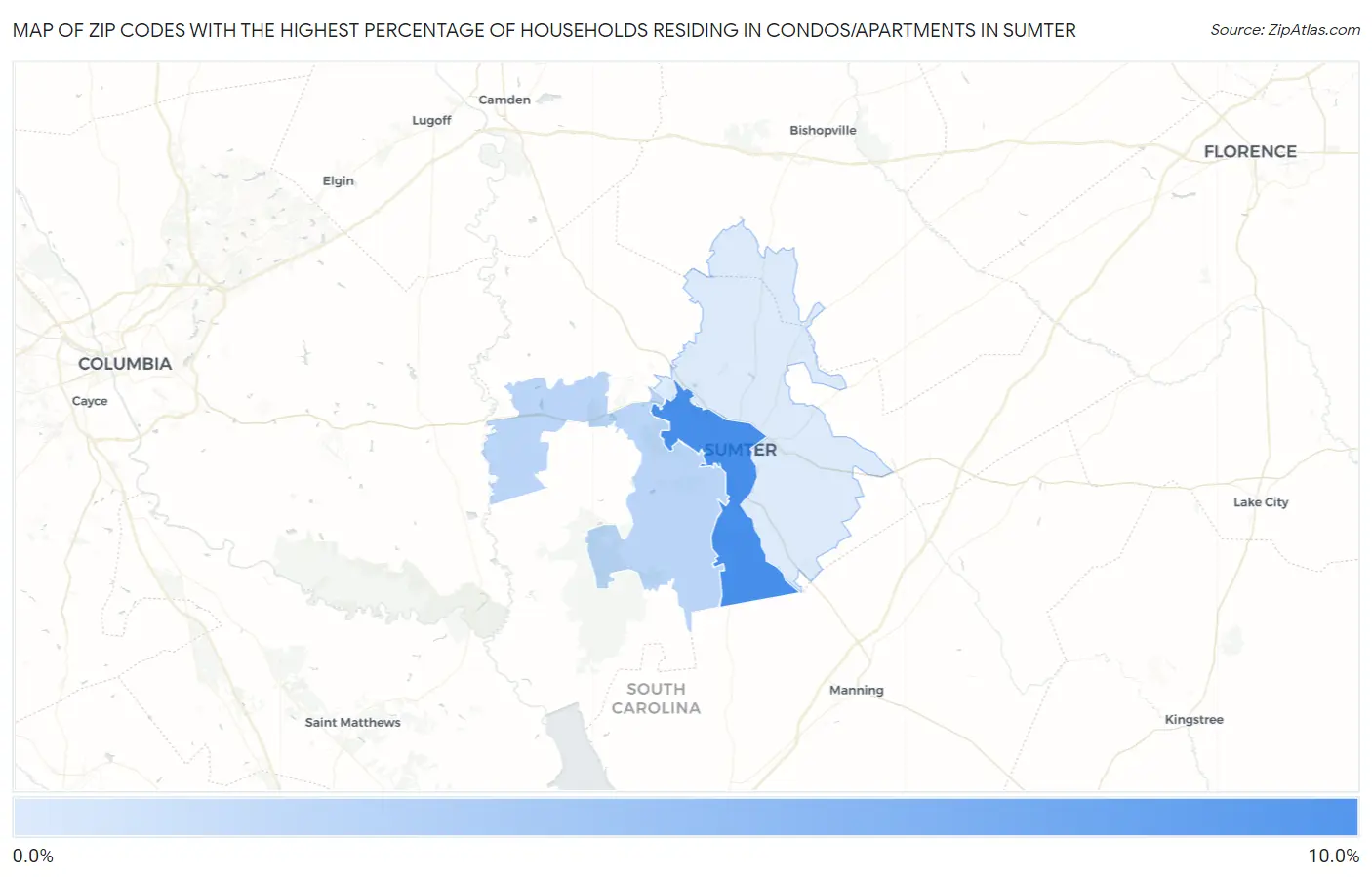 Zip Codes with the Highest Percentage of Households Residing in Condos/Apartments in Sumter Map