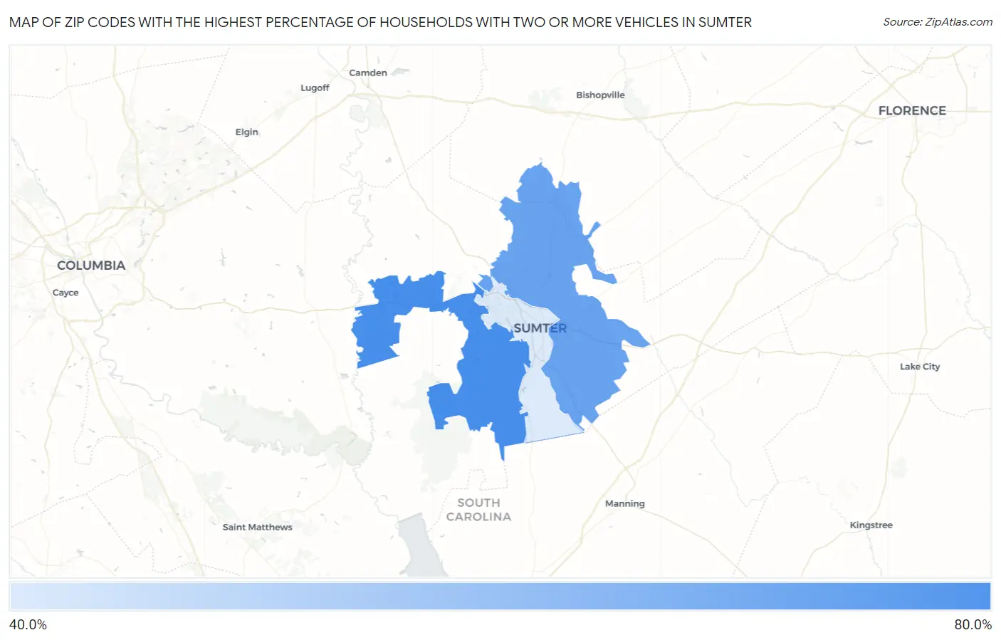 Zip Codes with the Highest Percentage of Households With Two or more Vehicles in Sumter Map