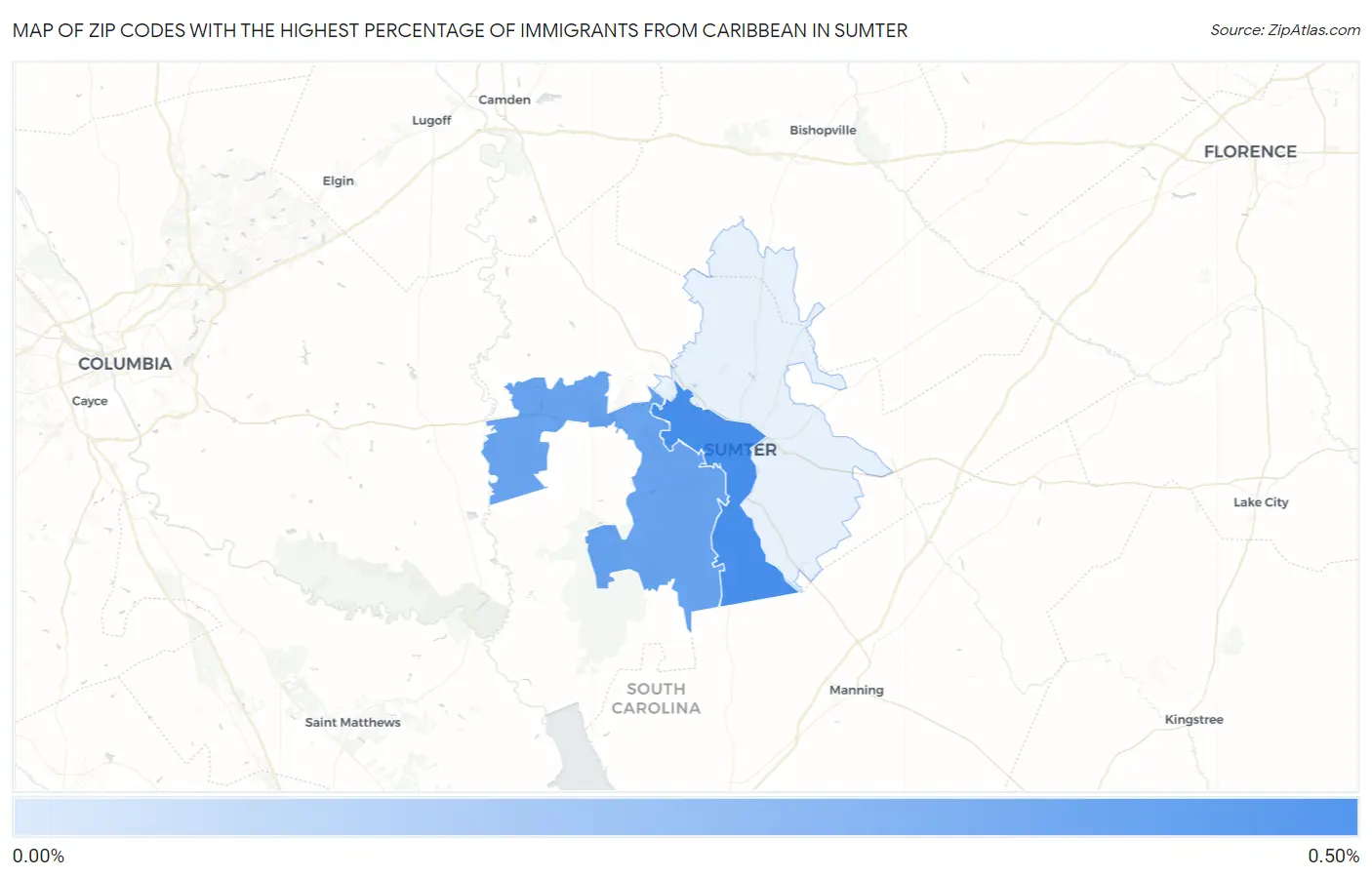 Zip Codes with the Highest Percentage of Immigrants from Caribbean in Sumter Map