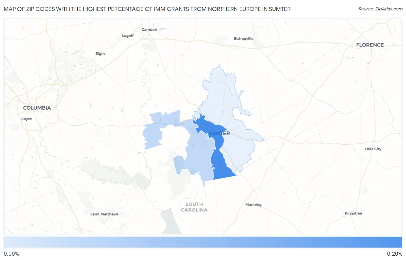 Zip Codes with the Highest Percentage of Immigrants from Northern Europe in Sumter Map