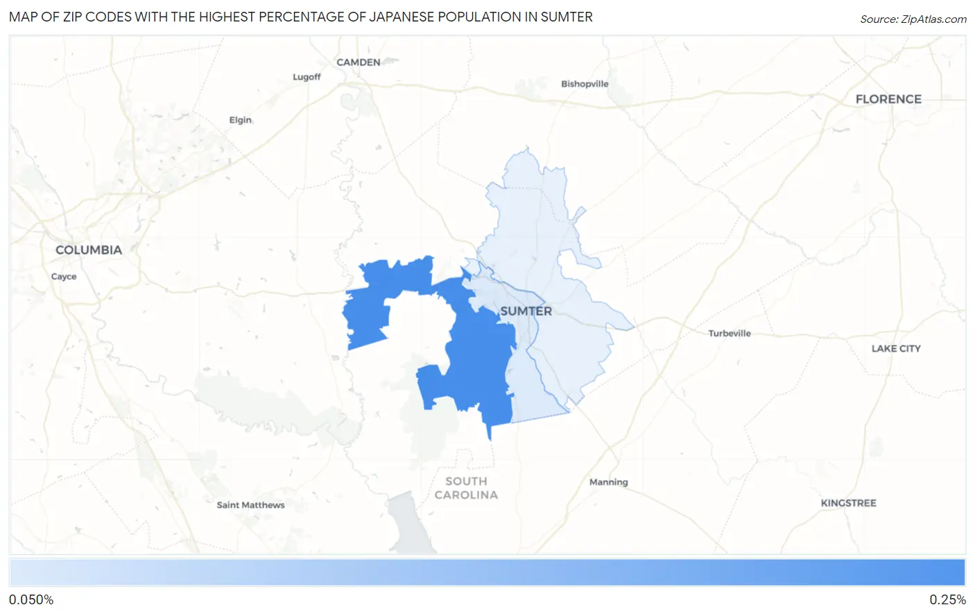 Zip Codes with the Highest Percentage of Japanese Population in Sumter Map