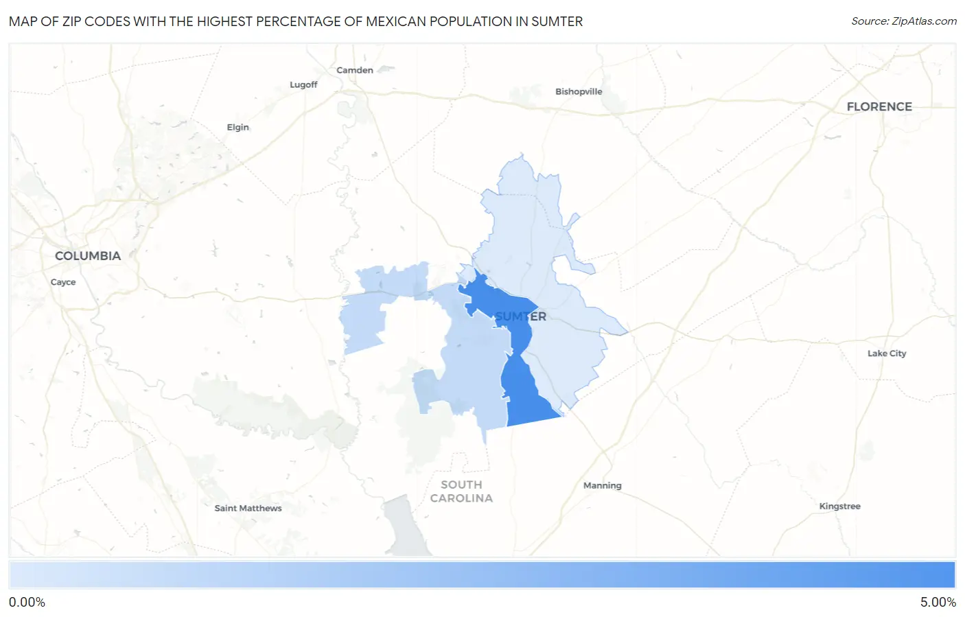 Zip Codes with the Highest Percentage of Mexican Population in Sumter Map