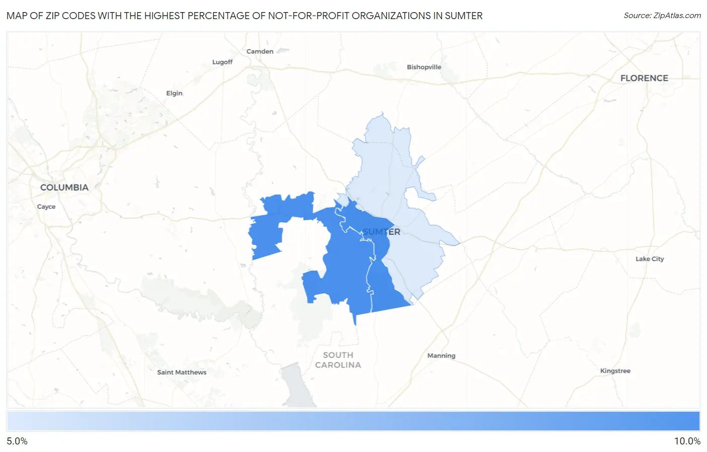 Zip Codes with the Highest Percentage of Not-for-profit Organizations in Sumter Map