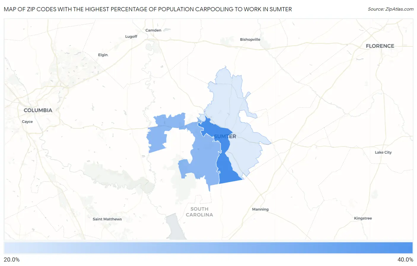 Zip Codes with the Highest Percentage of Population Carpooling to Work in Sumter Map