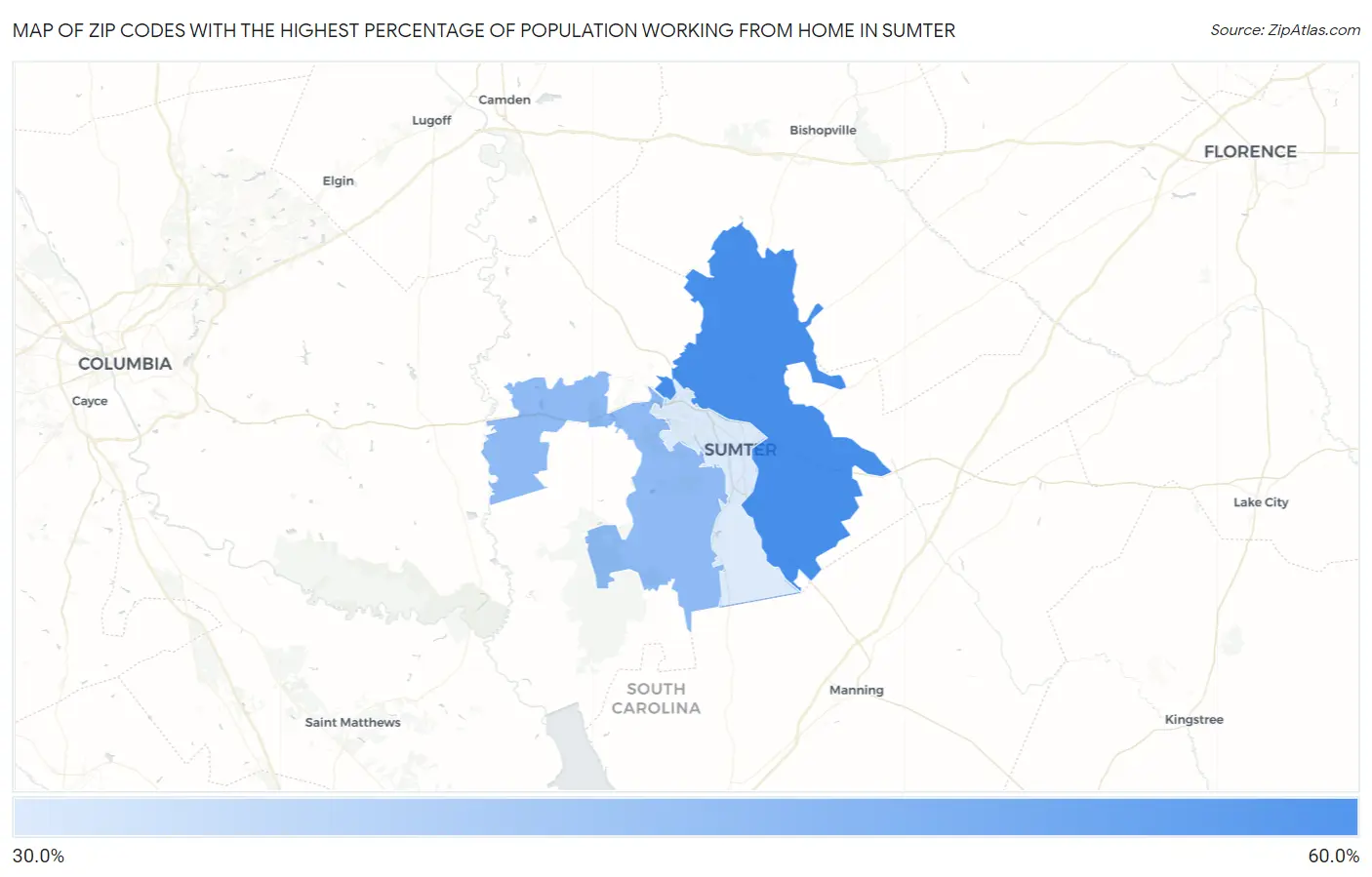 Zip Codes with the Highest Percentage of Population Working from Home in Sumter Map