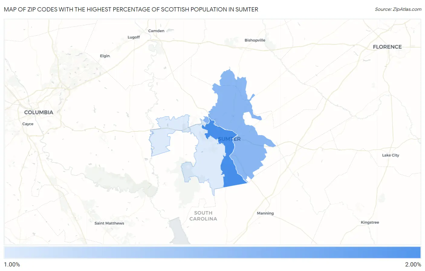 Zip Codes with the Highest Percentage of Scottish Population in Sumter Map