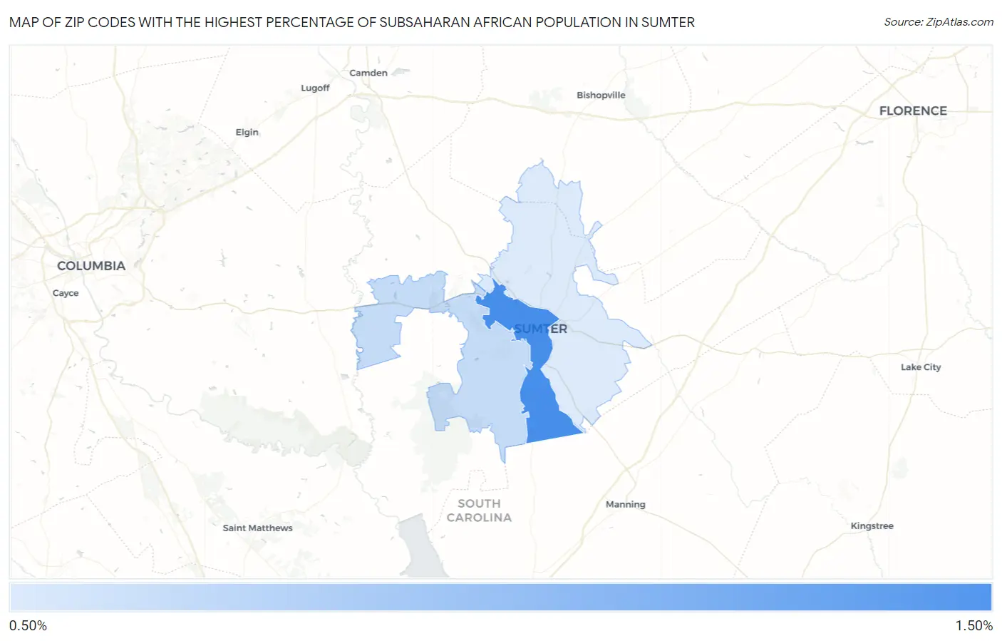 Zip Codes with the Highest Percentage of Subsaharan African Population in Sumter Map