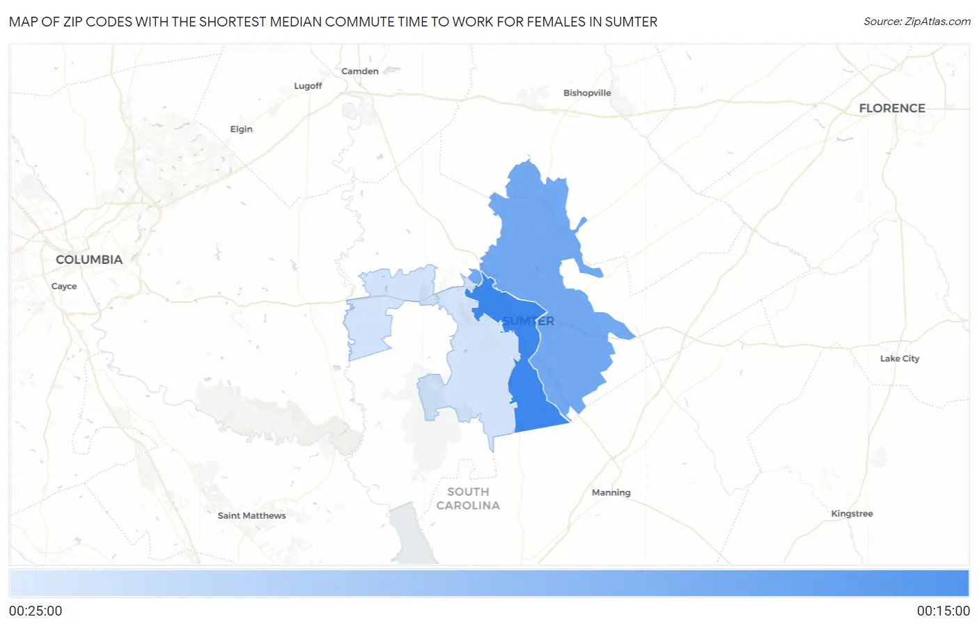 Zip Codes with the Shortest Median Commute Time to Work for Females in Sumter Map