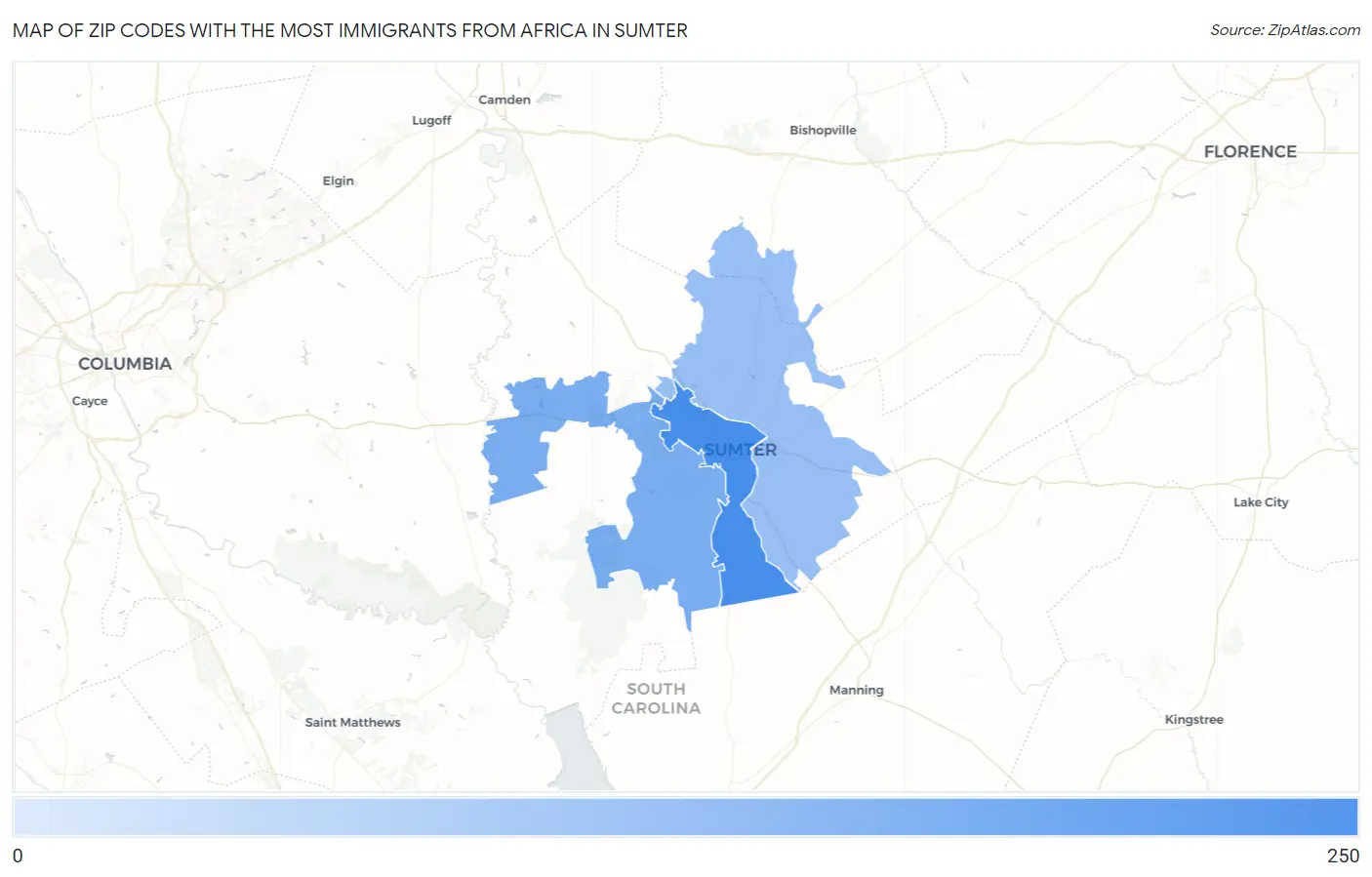 Zip Codes with the Most Immigrants from Africa in Sumter Map