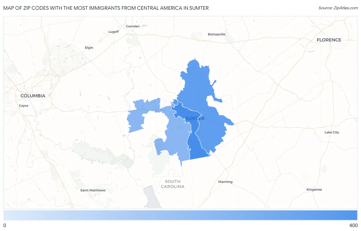 Zip Codes with the Most Immigrants from Central America in Sumter Map
