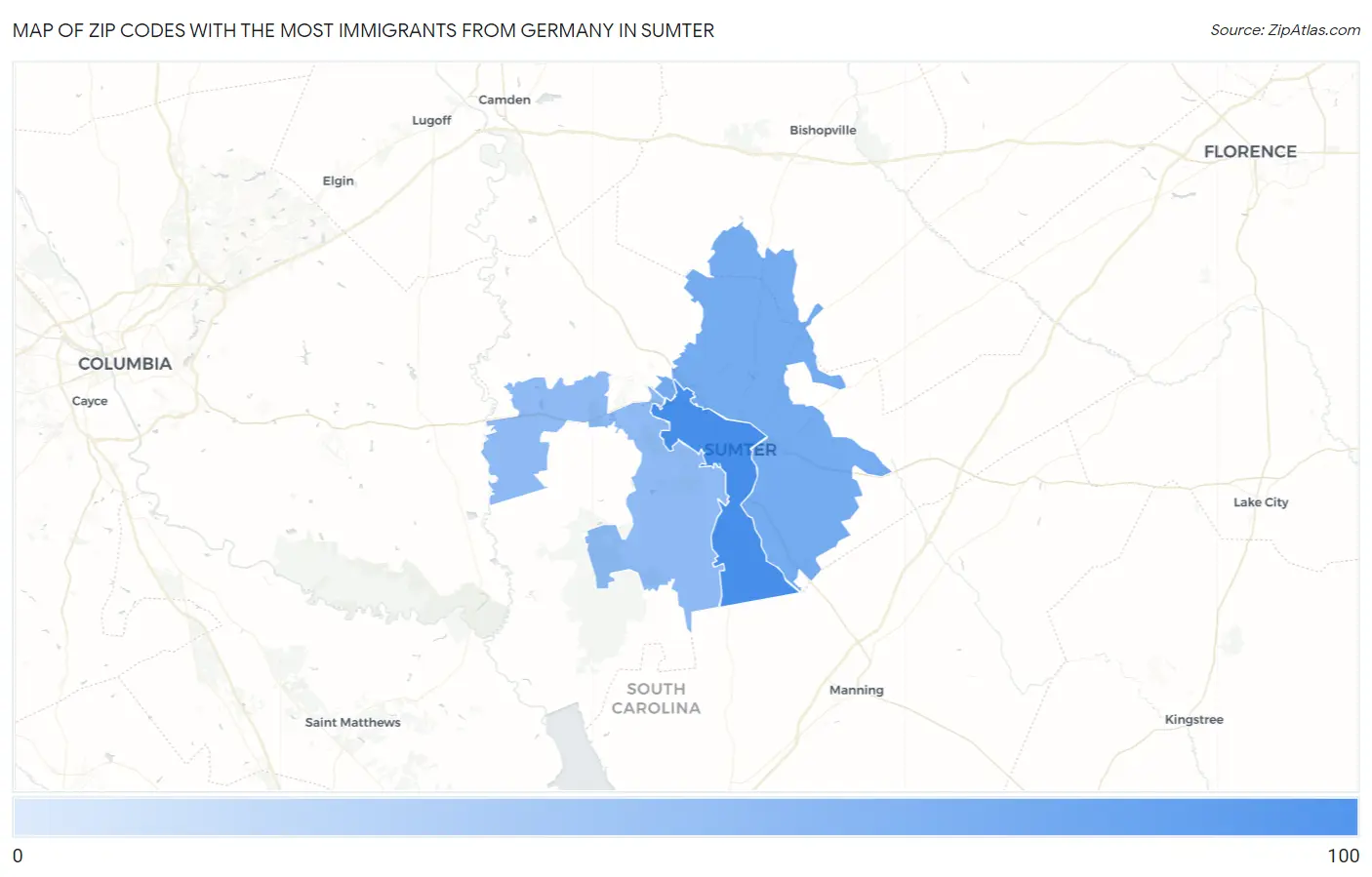 Zip Codes with the Most Immigrants from Germany in Sumter Map