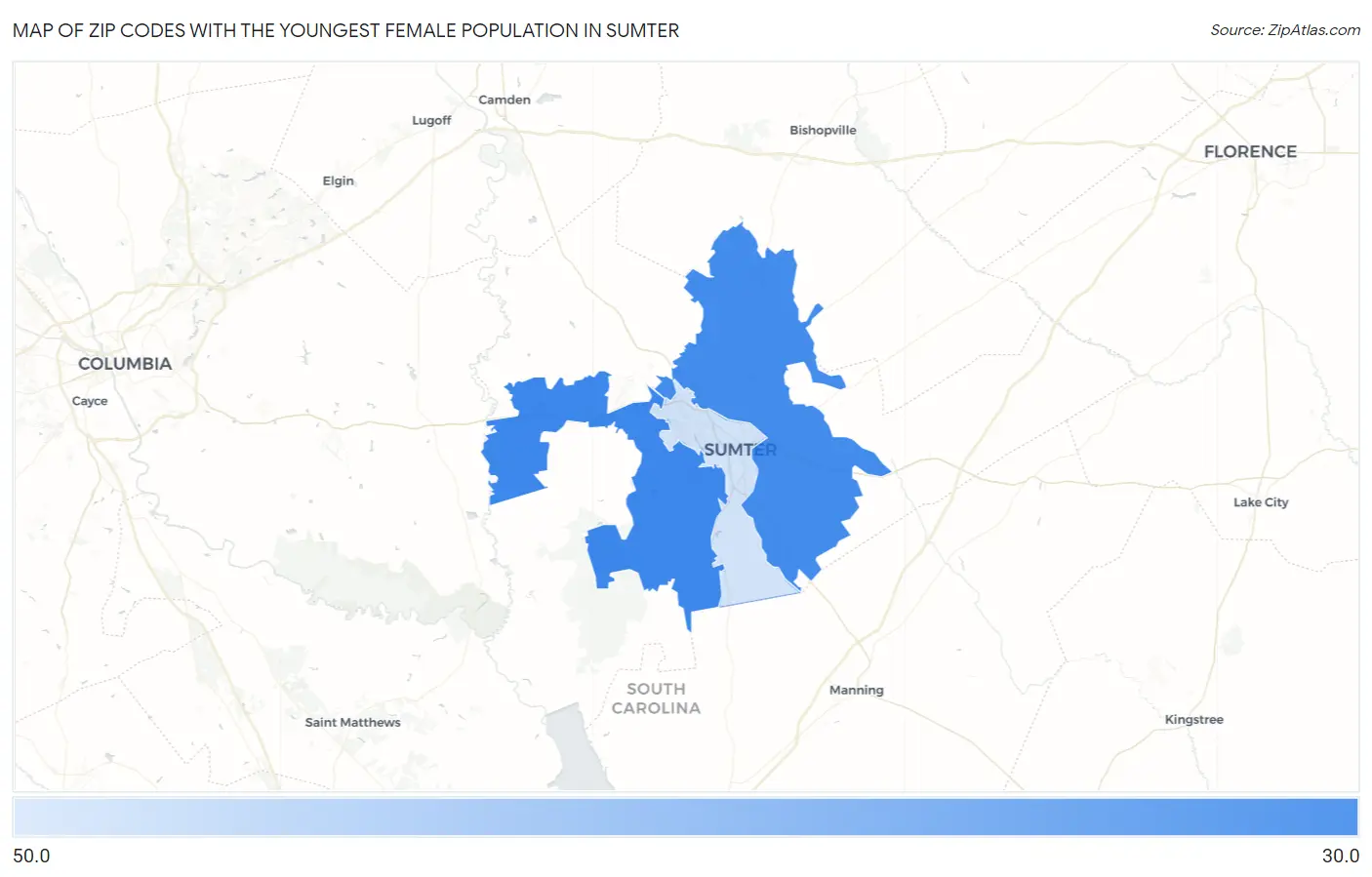 Zip Codes with the Youngest Female Population in Sumter Map