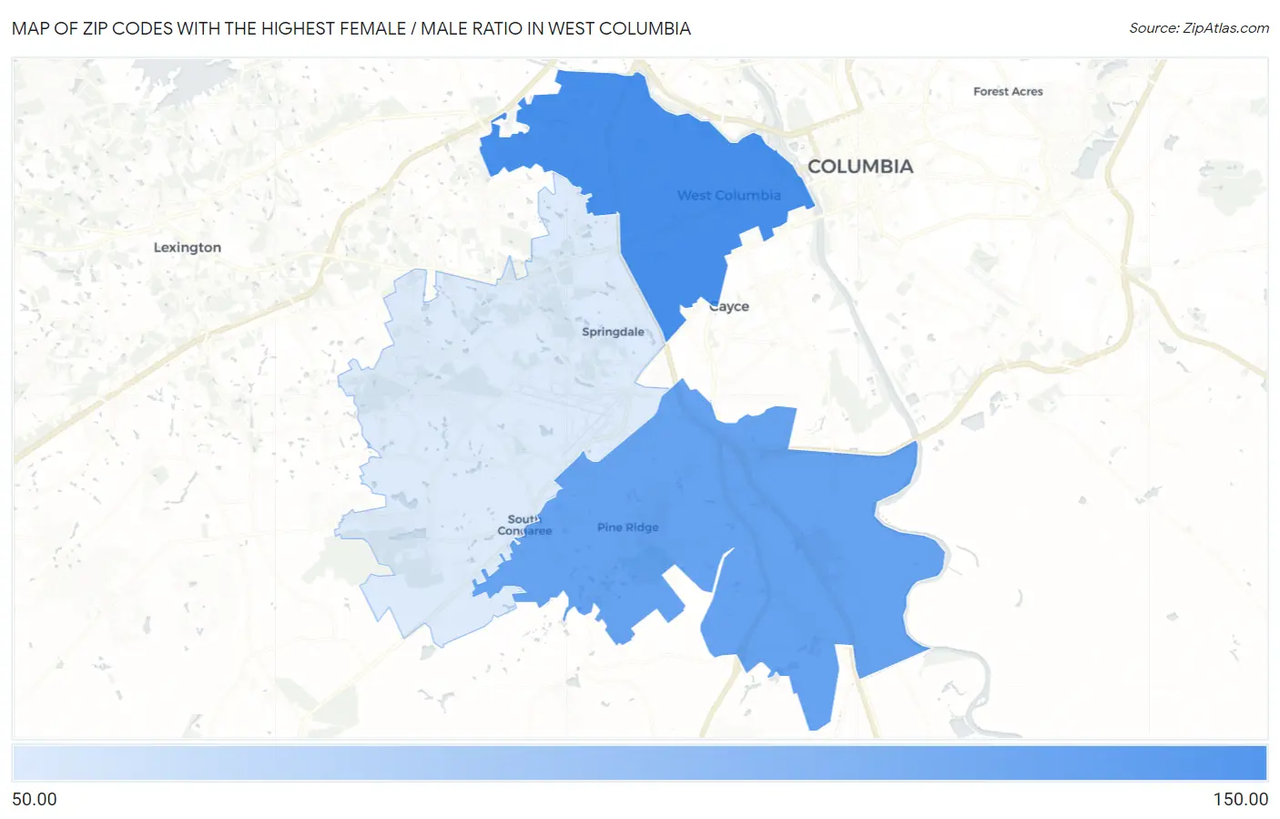 Zip Codes with the Highest Female / Male Ratio in West Columbia Map