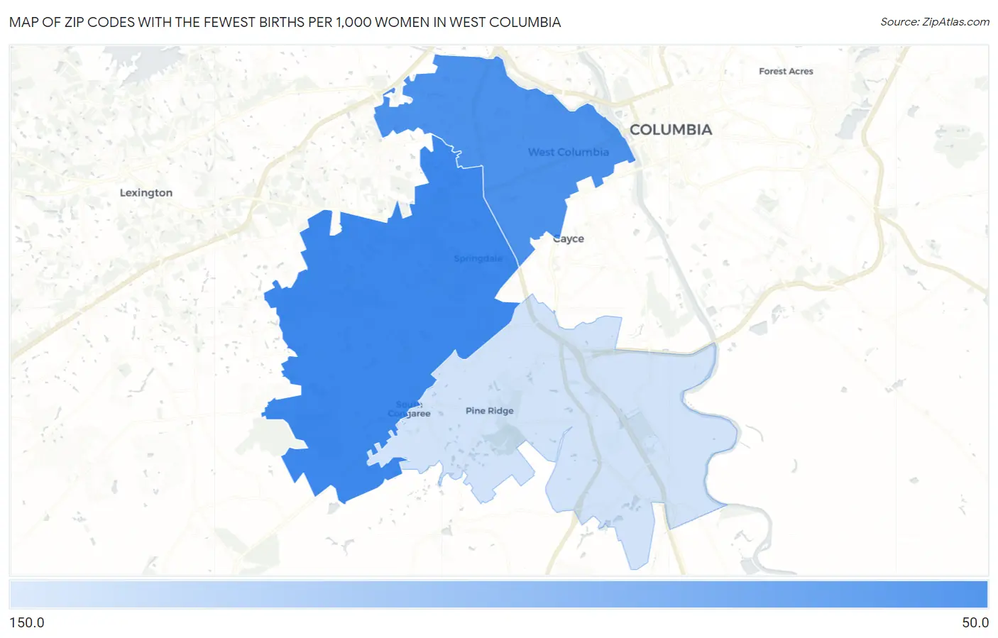 Zip Codes with the Fewest Births per 1,000 Women in West Columbia Map
