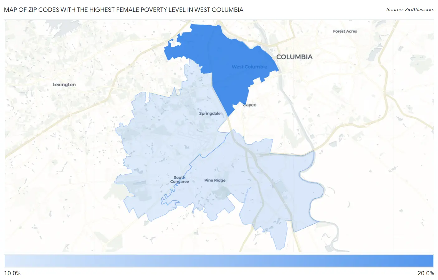 Zip Codes with the Highest Female Poverty Level in West Columbia Map