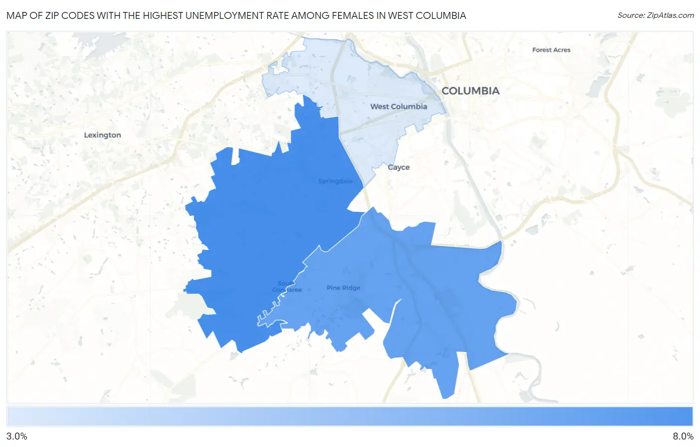 Zip Codes with the Highest Unemployment Rate Among Females in West Columbia Map