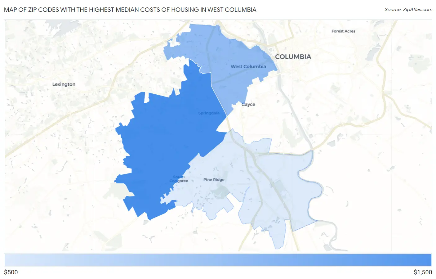 Zip Codes with the Highest Median Costs of Housing in West Columbia Map