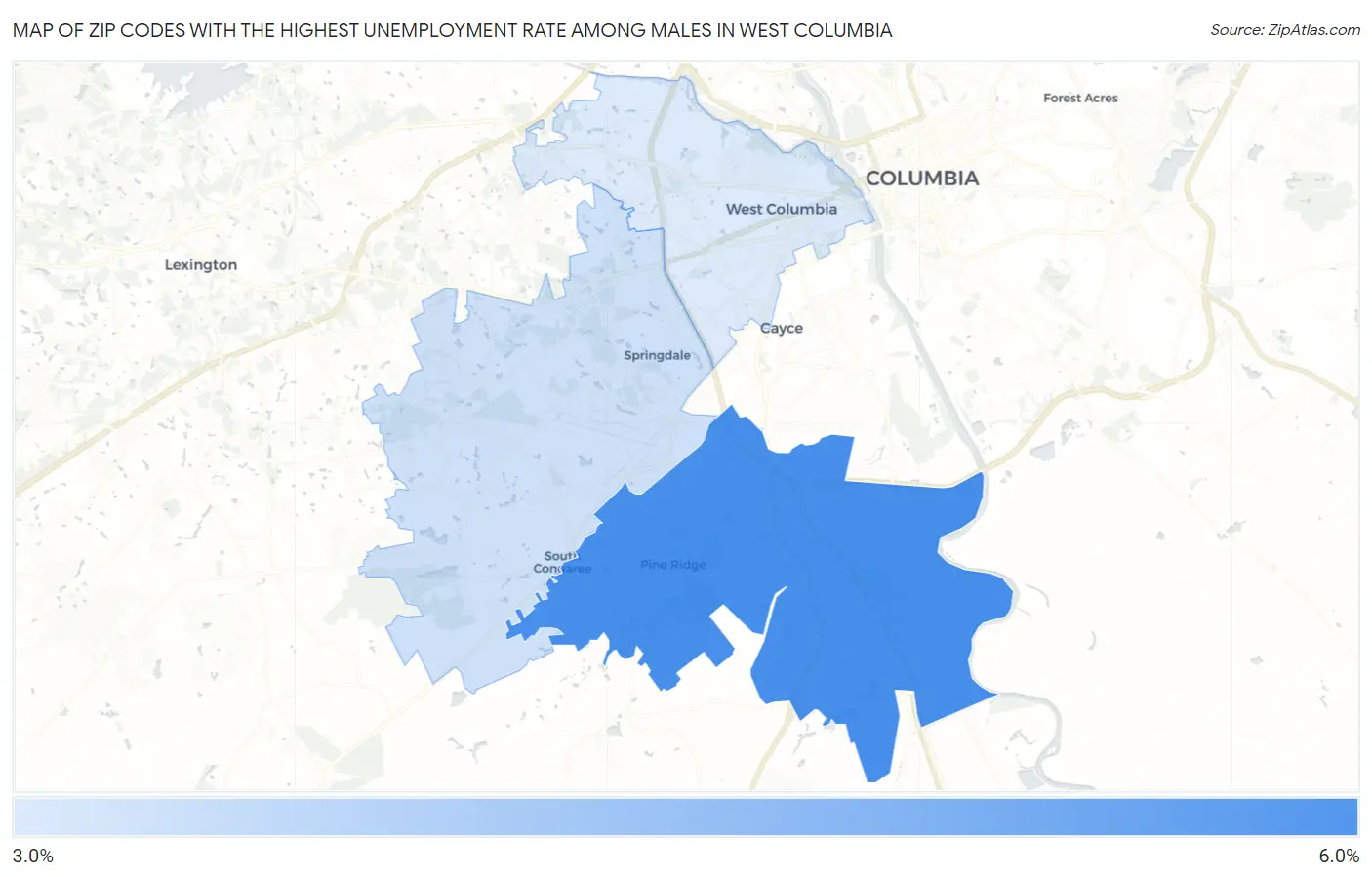 Zip Codes with the Highest Unemployment Rate Among Males in West Columbia Map