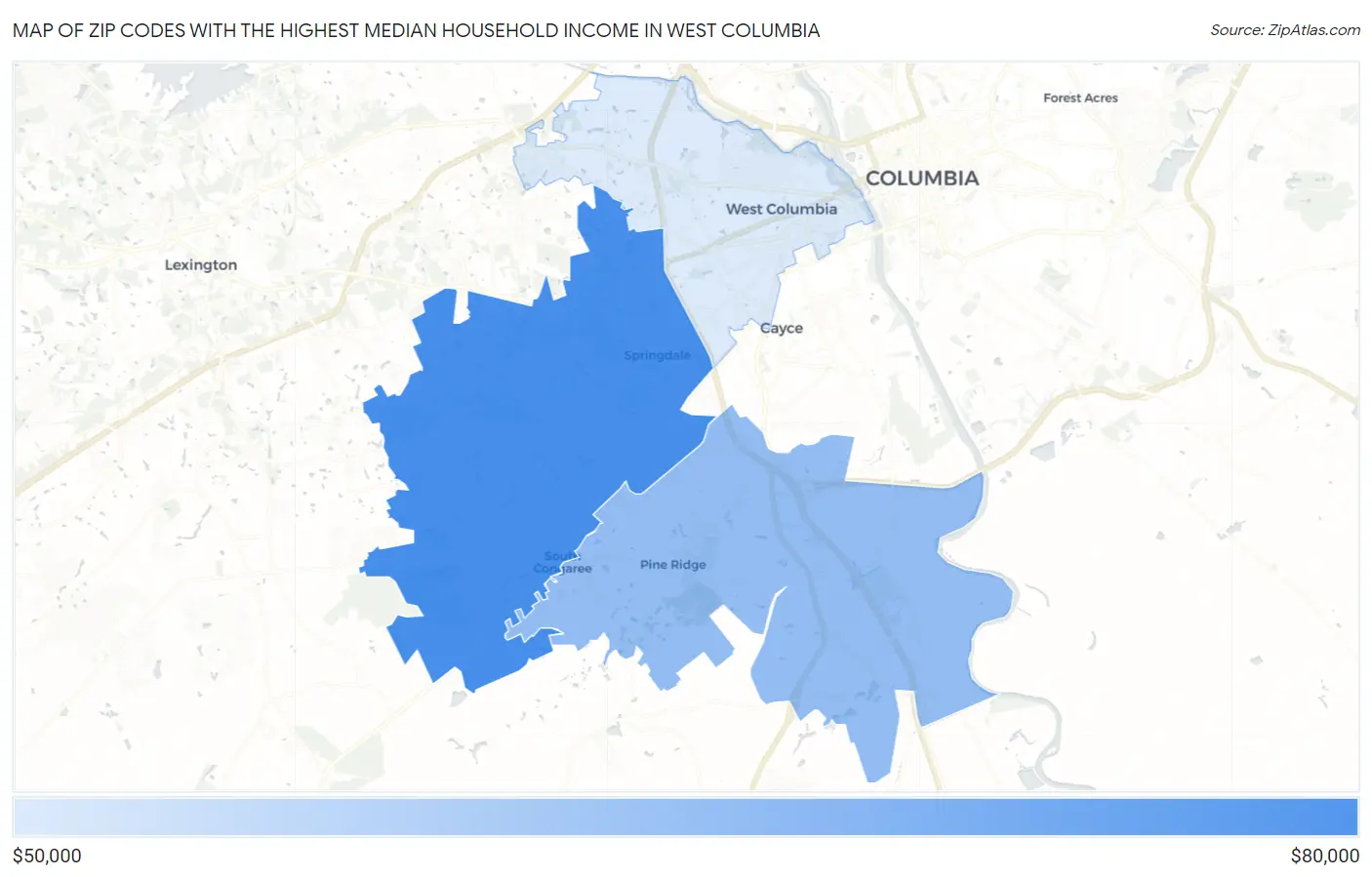 Zip Codes with the Highest Median Household Income in West Columbia Map