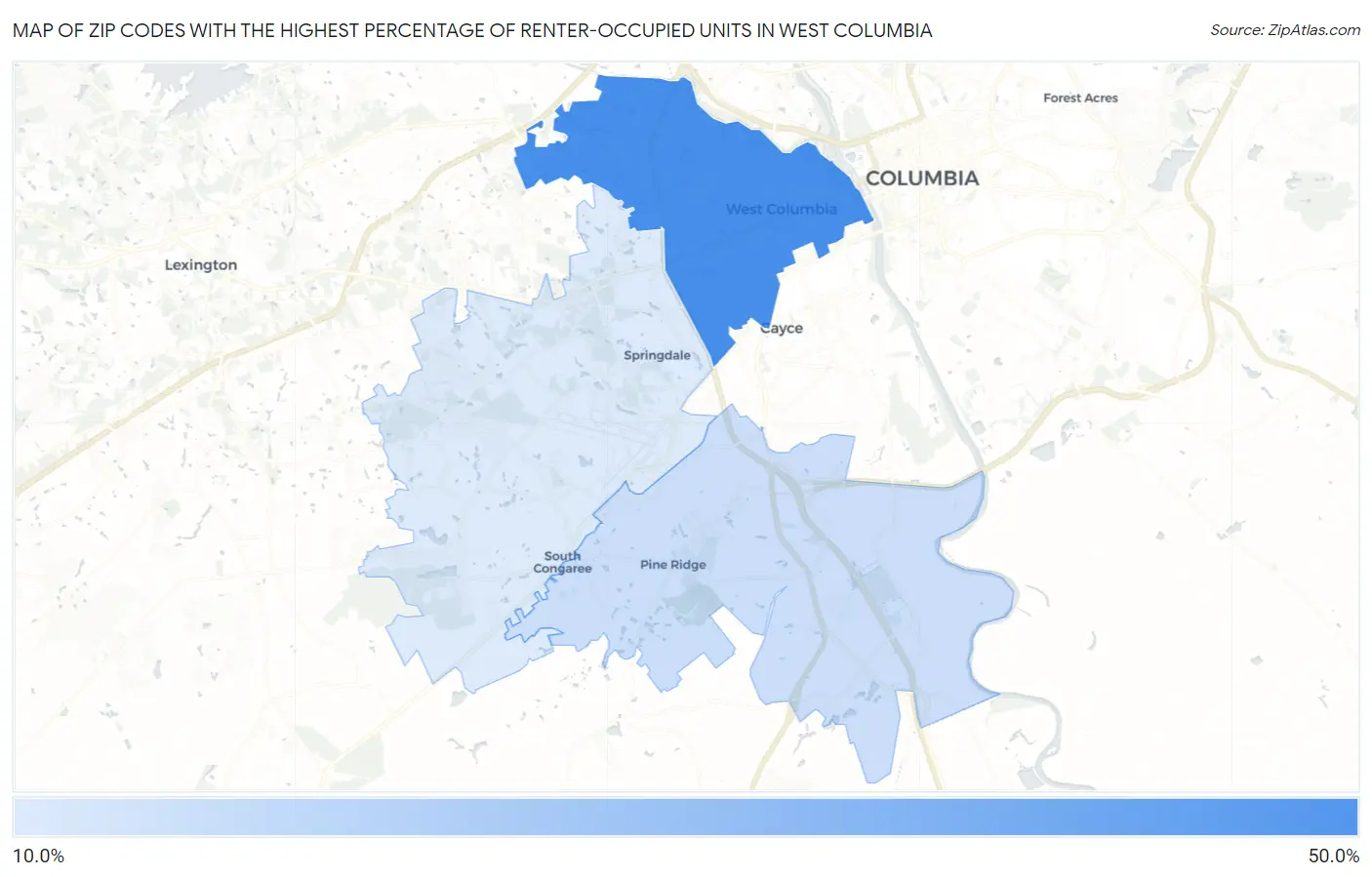 Zip Codes with the Highest Percentage of Renter-Occupied Units in West Columbia Map