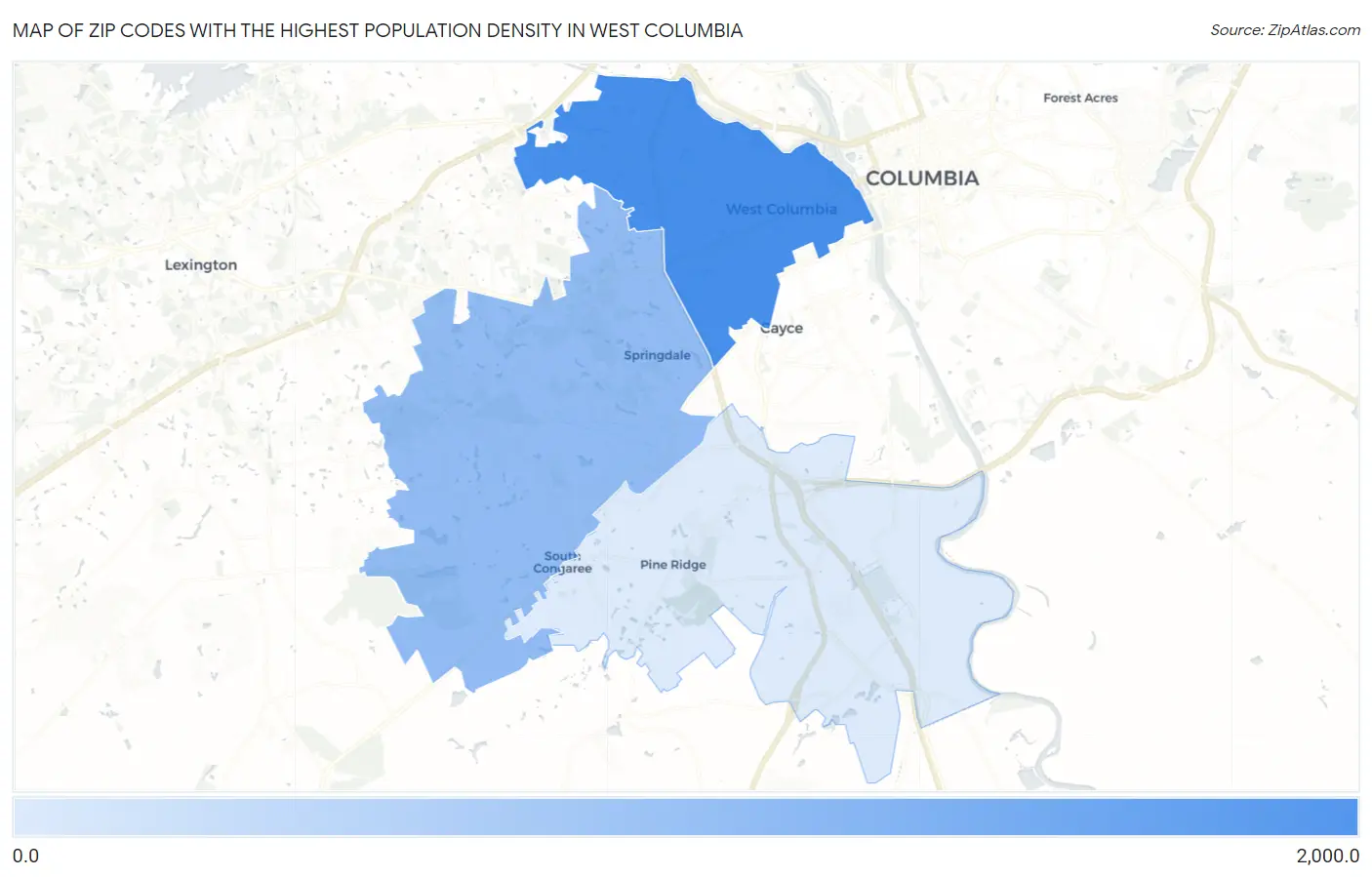 Zip Codes with the Highest Population Density in West Columbia Map