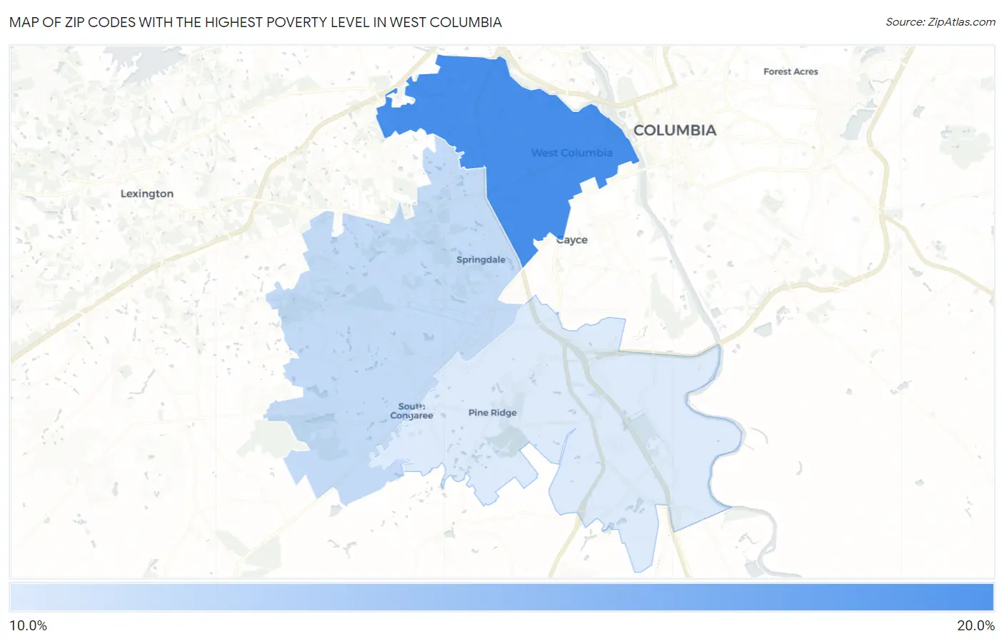 Zip Codes with the Highest Poverty Level in West Columbia Map