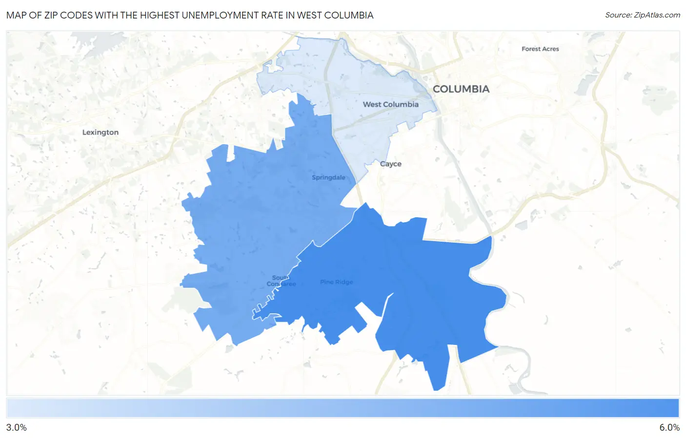 Zip Codes with the Highest Unemployment Rate in West Columbia Map