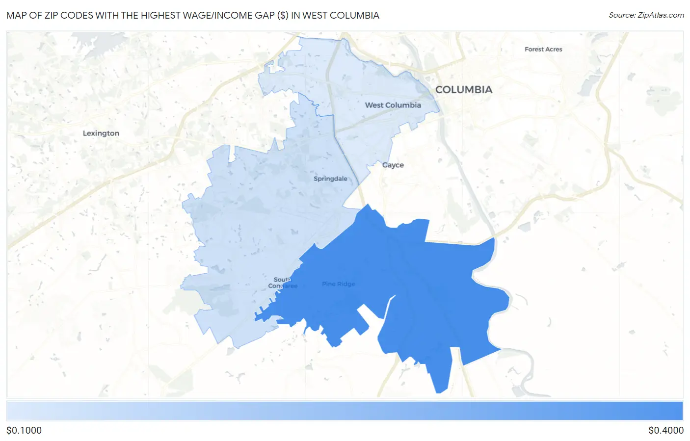 Zip Codes with the Highest Wage/Income Gap ($) in West Columbia Map