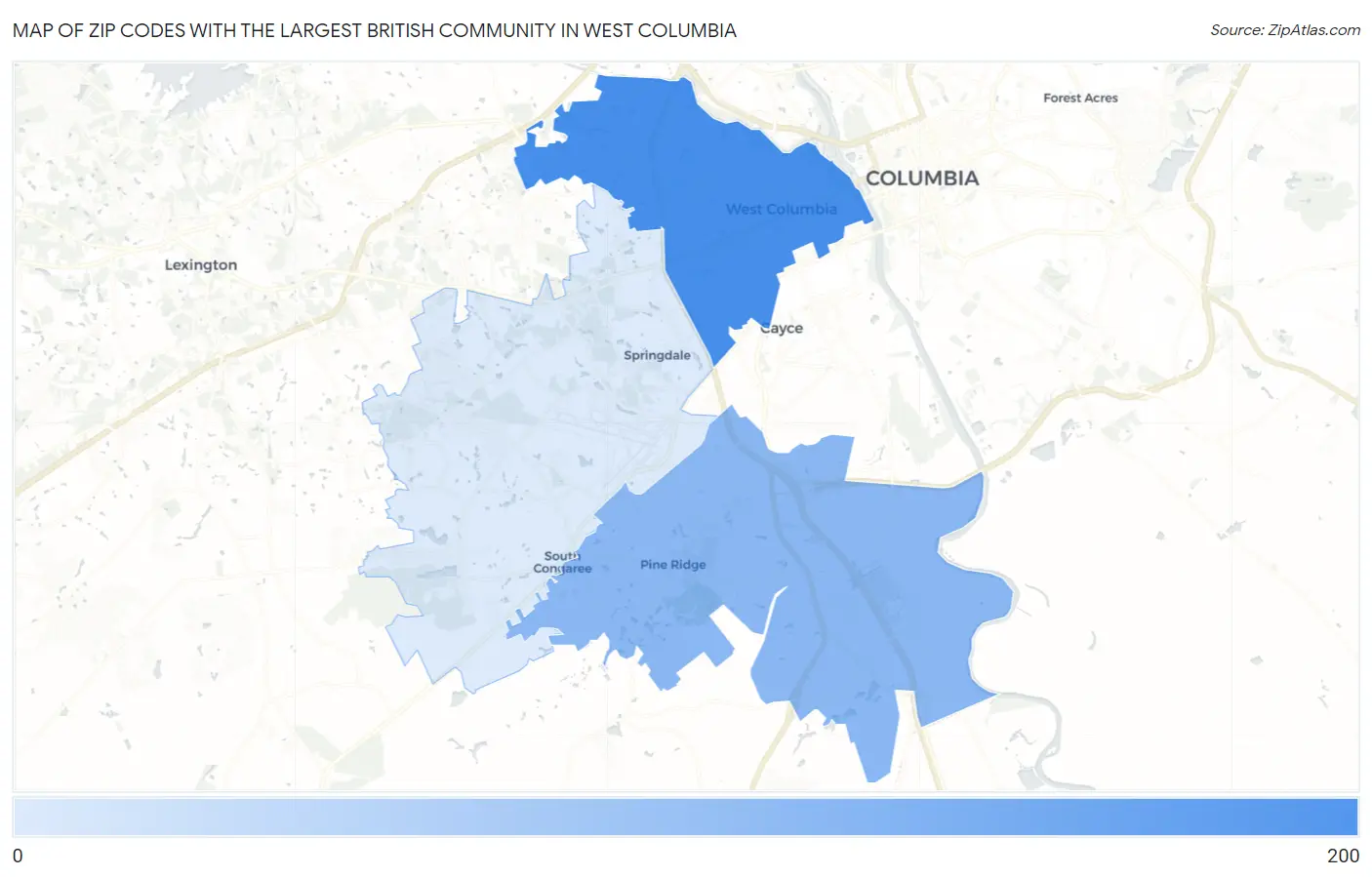 Zip Codes with the Largest British Community in West Columbia Map