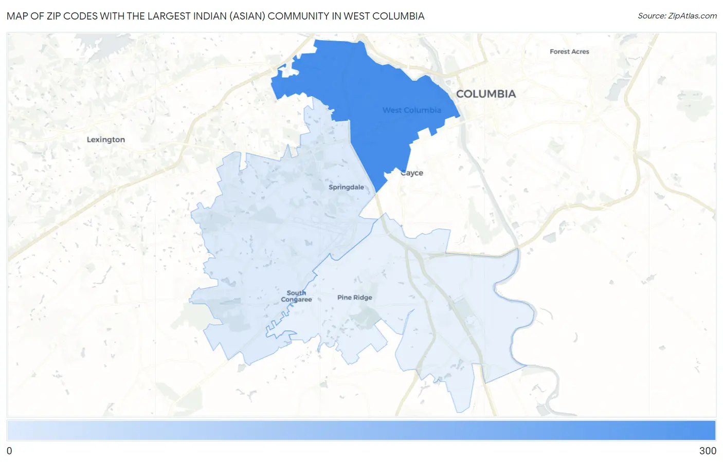 Zip Codes with the Largest Indian (Asian) Community in West Columbia Map