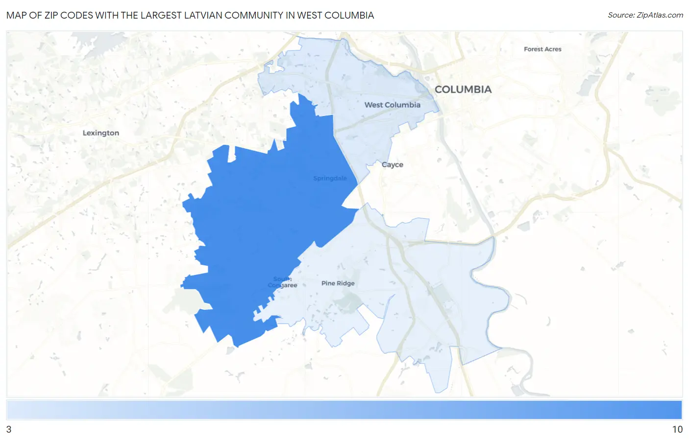 Zip Codes with the Largest Latvian Community in West Columbia Map