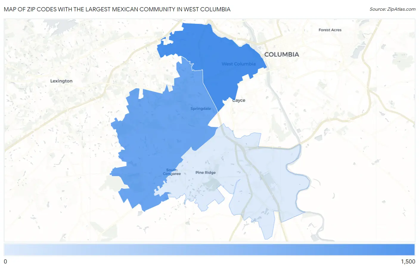 Zip Codes with the Largest Mexican Community in West Columbia Map