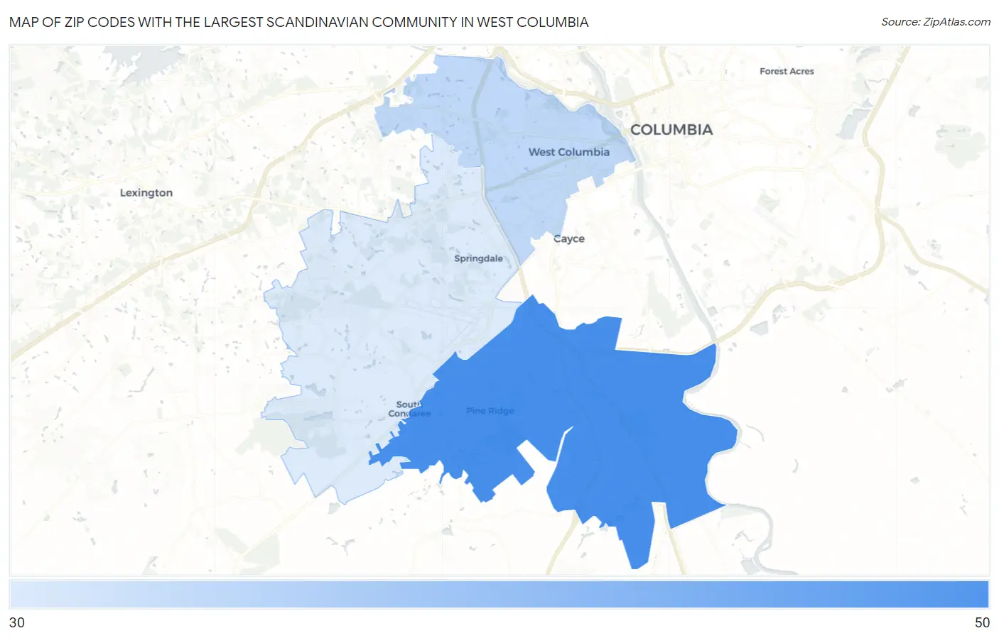 Zip Codes with the Largest Scandinavian Community in West Columbia Map