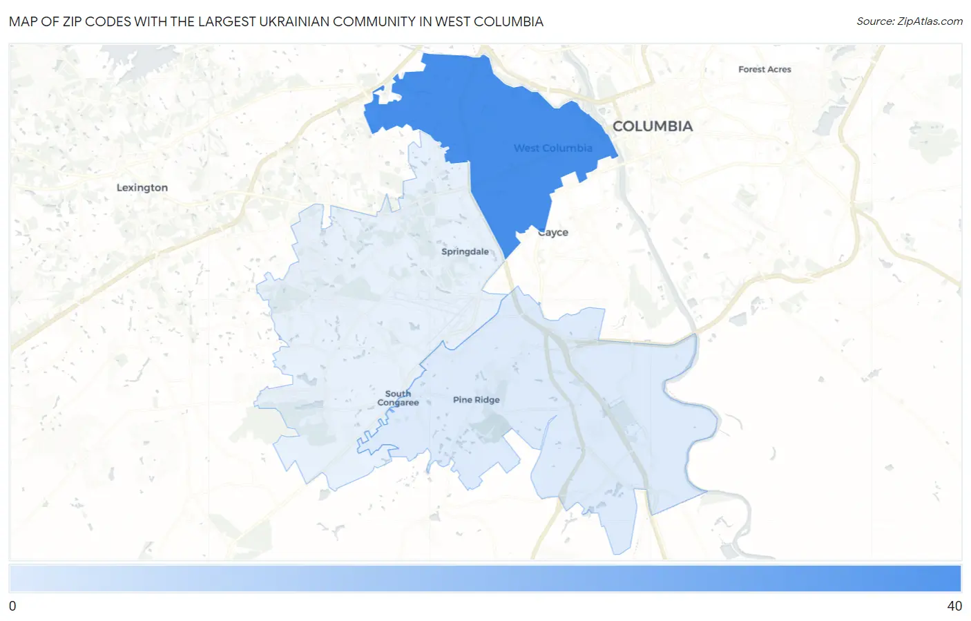 Zip Codes with the Largest Ukrainian Community in West Columbia Map
