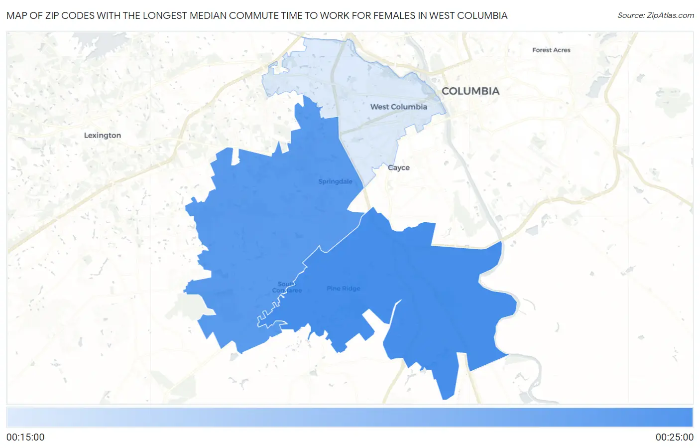 Zip Codes with the Longest Median Commute Time to Work for Females in West Columbia Map