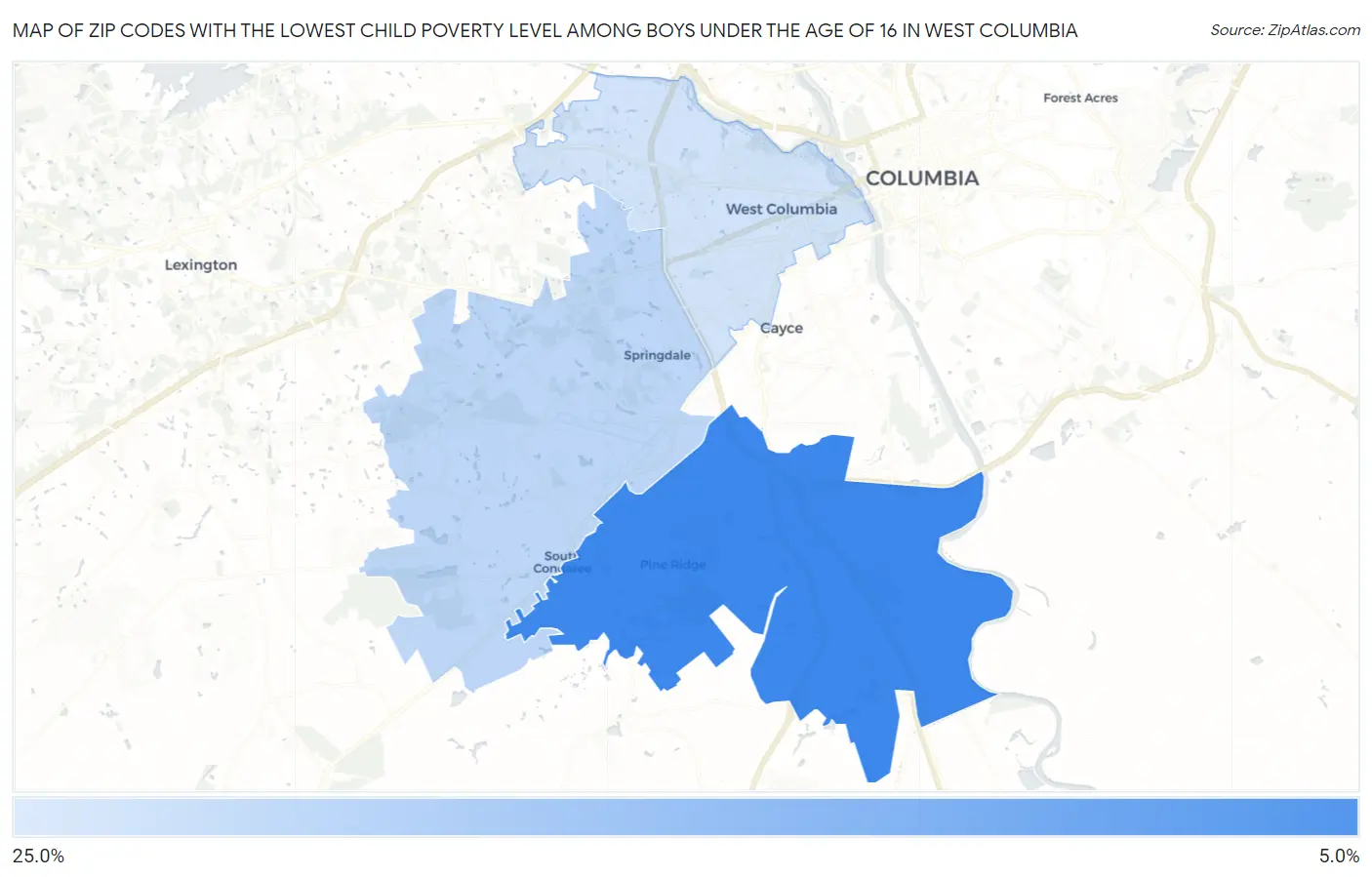 Zip Codes with the Lowest Child Poverty Level Among Boys Under the Age of 16 in West Columbia Map