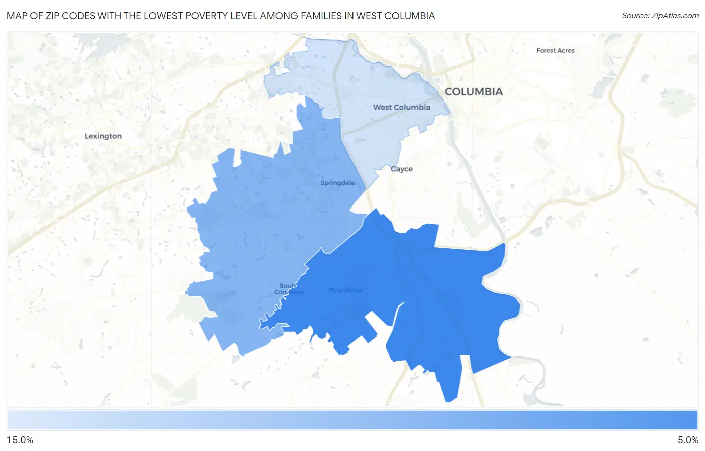 Zip Codes with the Lowest Poverty Level Among Families in West Columbia Map