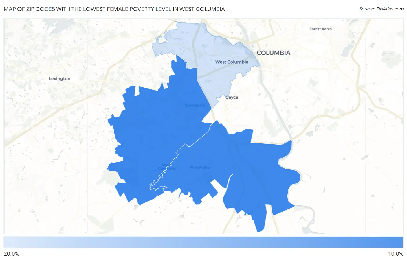 Zip Codes with the Lowest Female Poverty Level in West Columbia Map