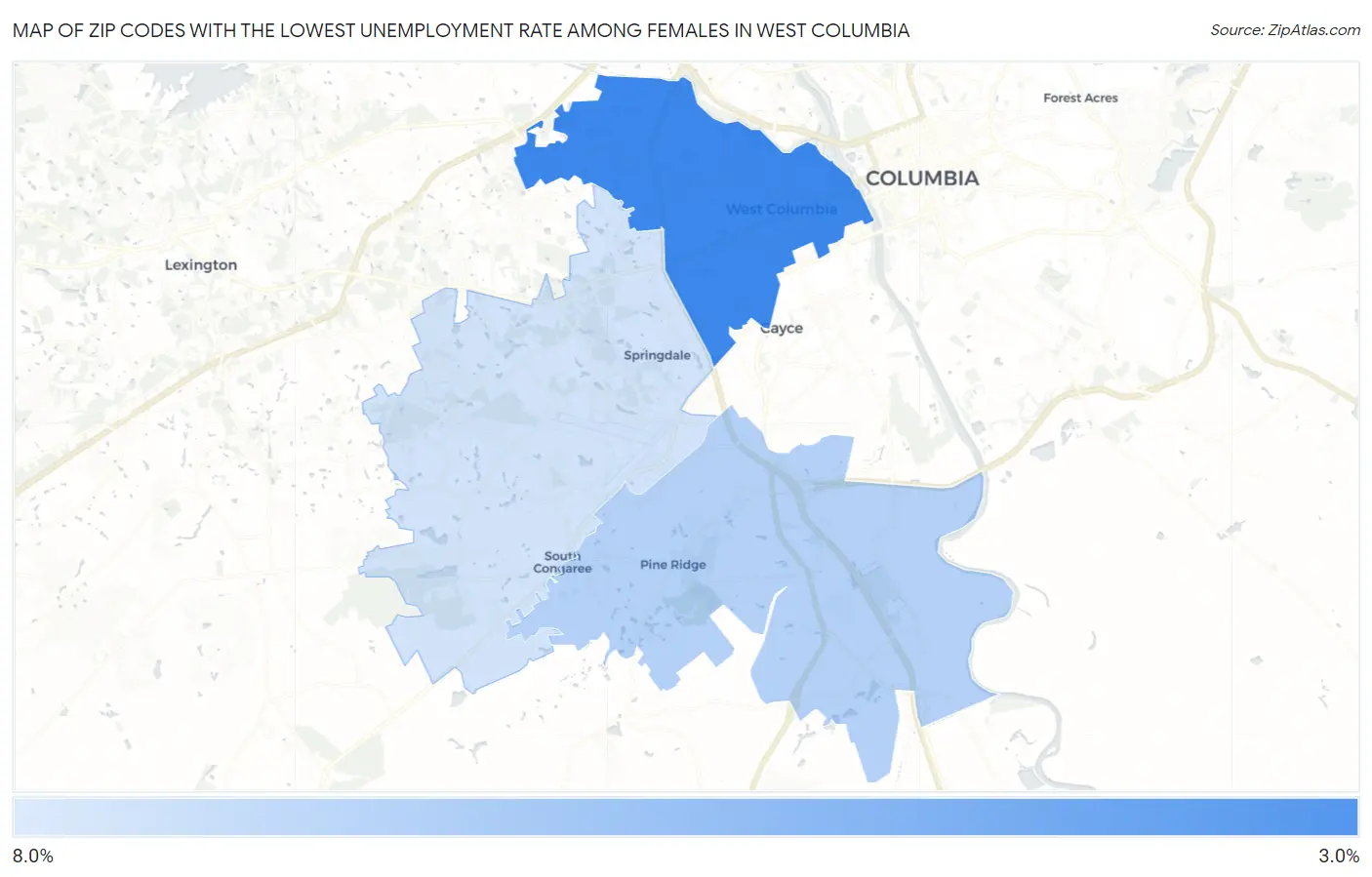 Zip Codes with the Lowest Unemployment Rate Among Females in West Columbia Map